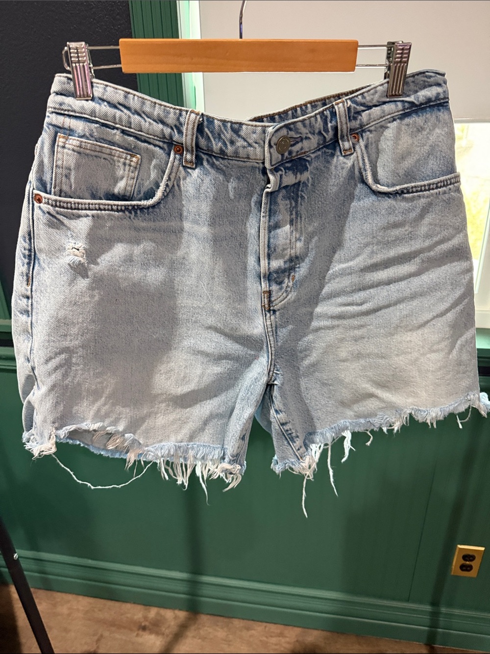 Reformation Light Wash Frayed Denim Cutoff Shorts